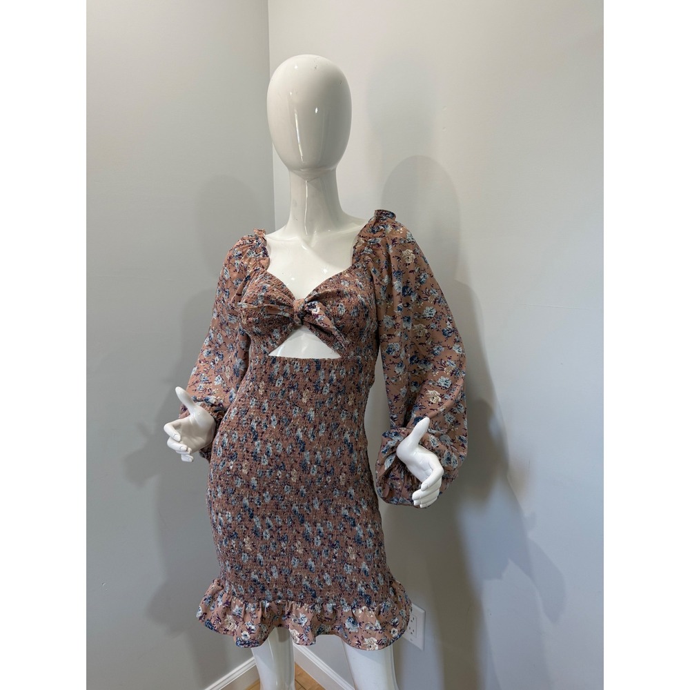 Lulus Floral Smocked Cutout Mini Dress NWT Pink Mauve Long Sleeve Size M - Picture 5 of 13
